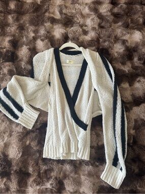 Anthropologie Cream Cardigan with Black Trim and Sleeve Stripes